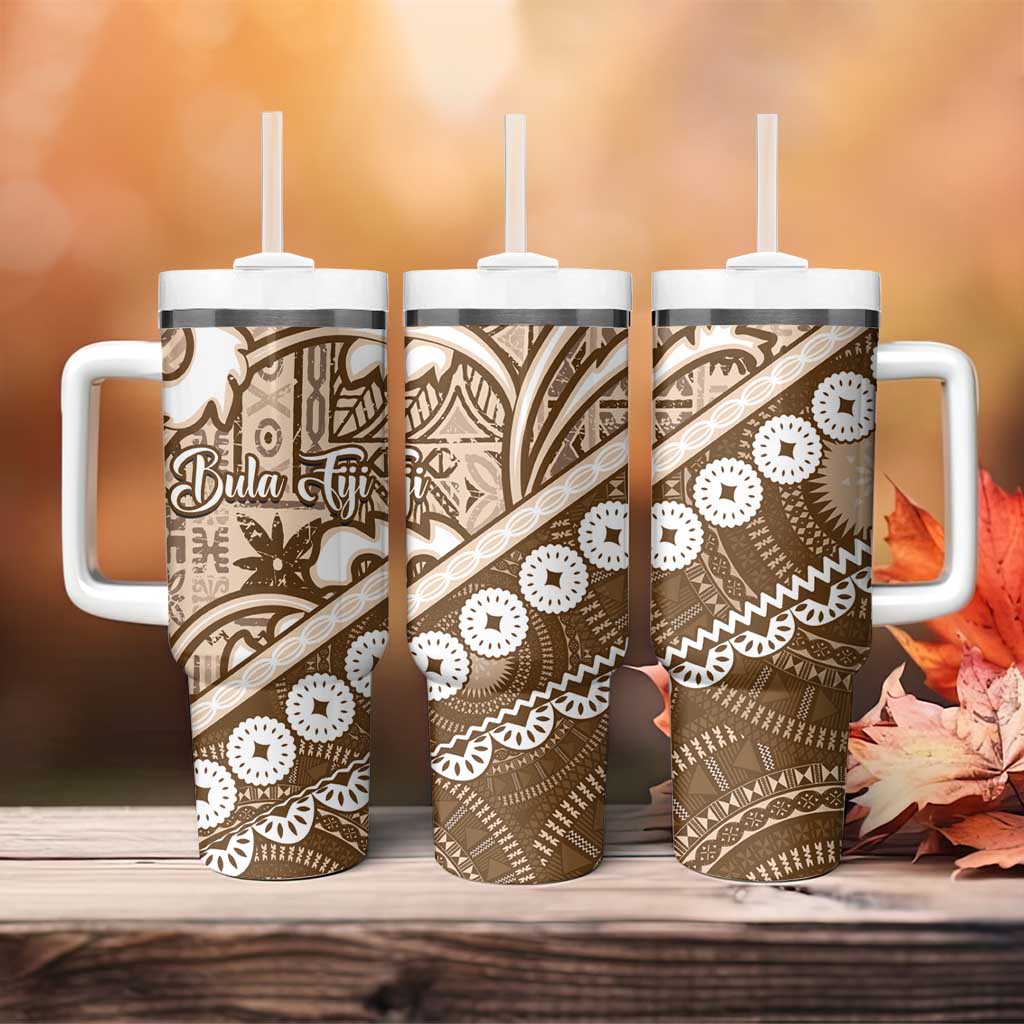 Beige Bula Fiji Tumbler With Handle Fijian Language Week Tapa Cloth - Pastel LT14 - Polynesian Pride