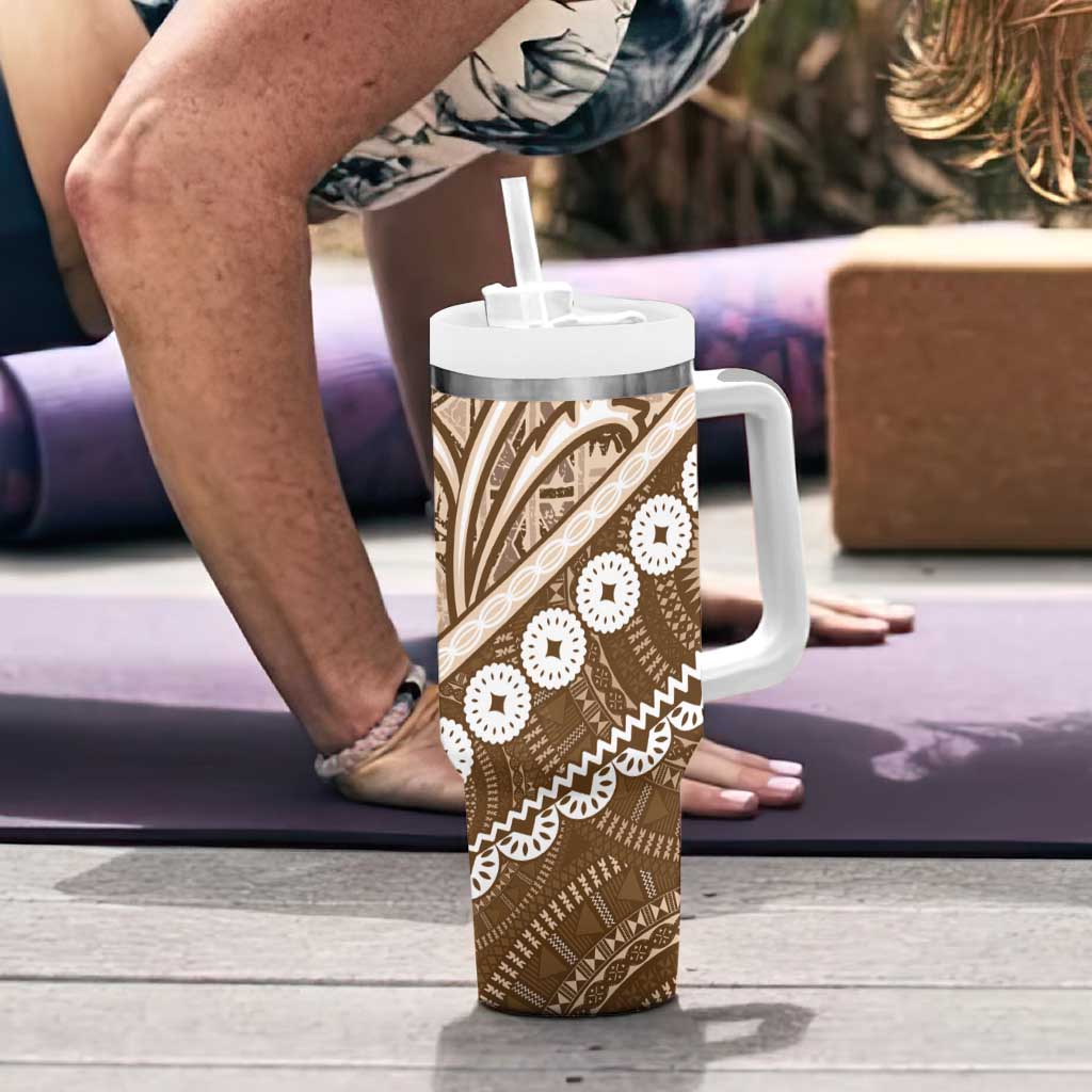 Beige Bula Fiji Tumbler With Handle Fijian Language Week Tapa Cloth - Pastel LT14 - Polynesian Pride