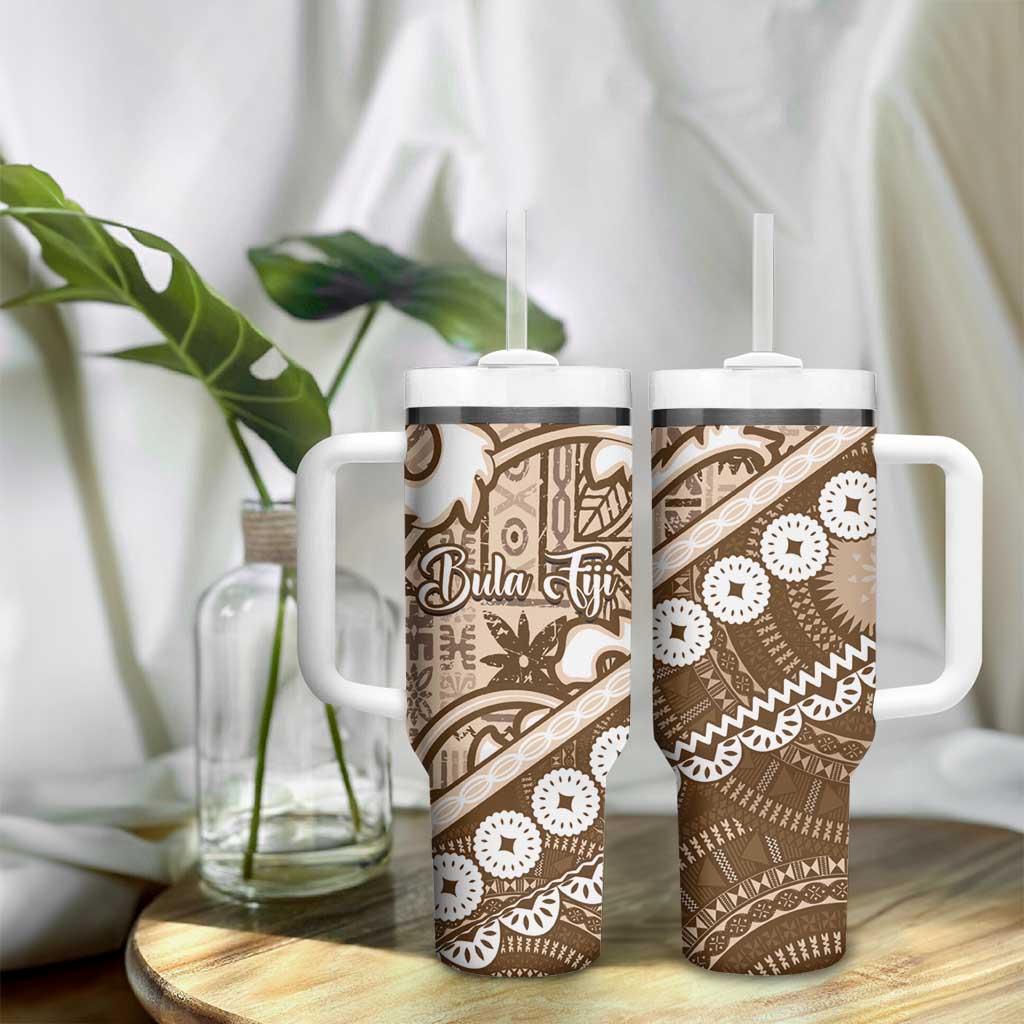 Beige Bula Fiji Tumbler With Handle Fijian Language Week Tapa Cloth - Pastel LT14 - Polynesian Pride