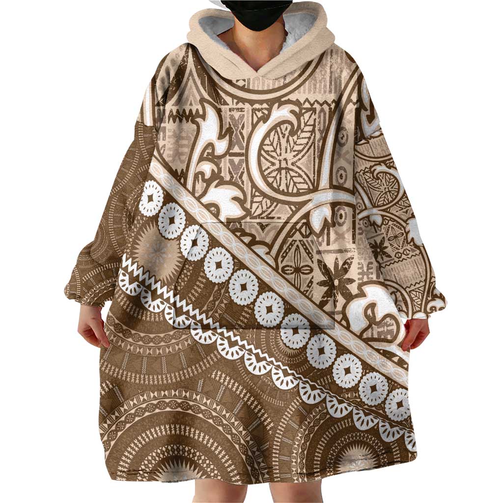 Beige Bula Fiji Wearable Blanket Hoodie Fijian Language Week Tapa Cloth - Pastel