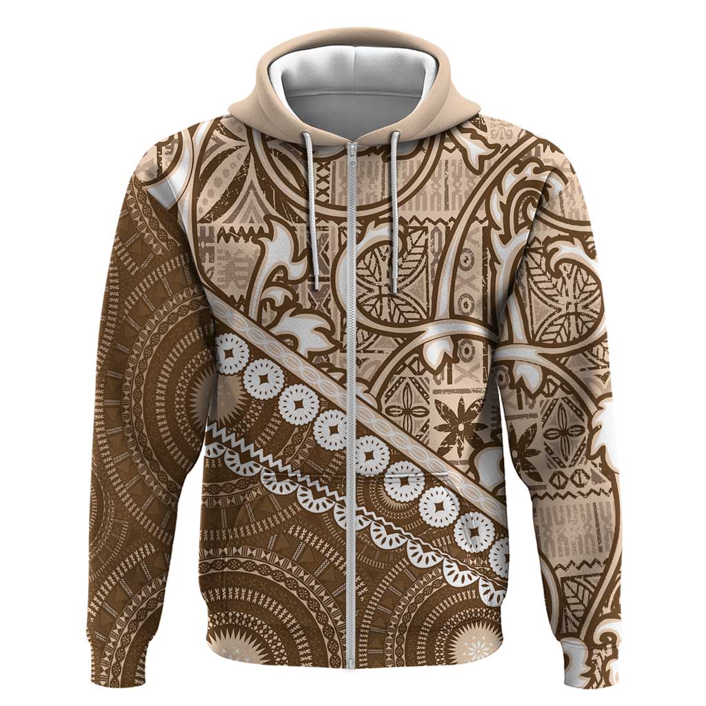 Beige Bula Fiji Zip Hoodie Fijian Language Week Tapa Cloth - Pastel