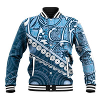 Blue Bula Fiji Baseball Jacket Fijian Language Week Tapa Cloth - Pastel LT14 Unisex Blue - Polynesian Pride