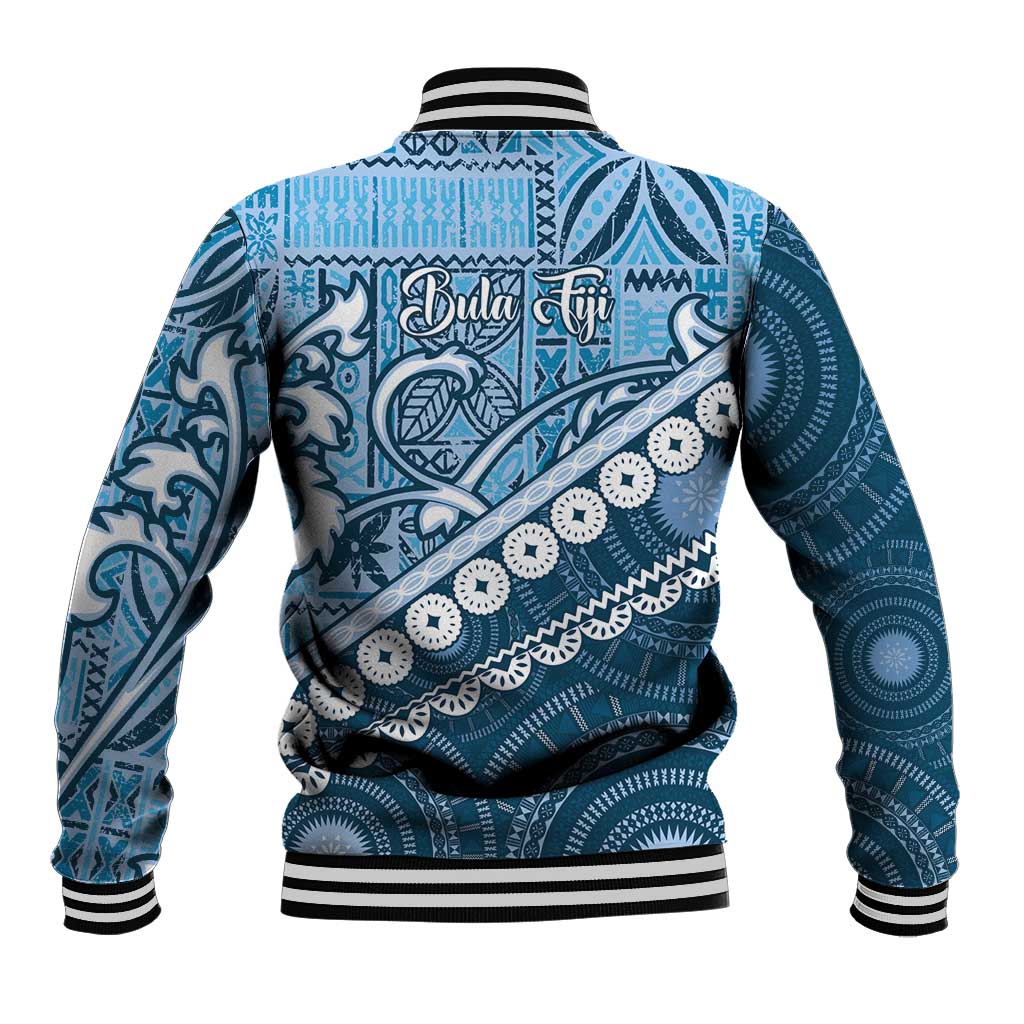 Blue Bula Fiji Baseball Jacket Fijian Language Week Tapa Cloth - Pastel LT14 - Polynesian Pride