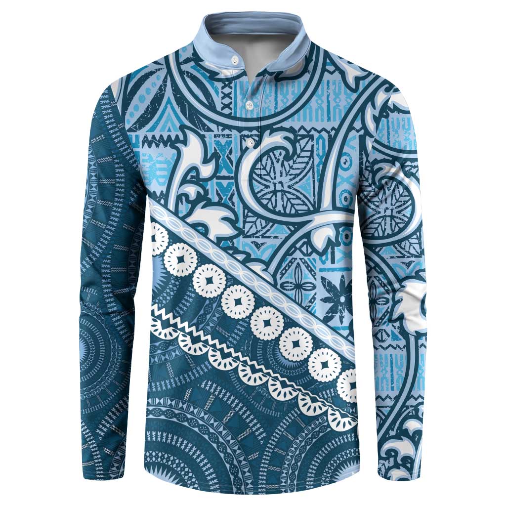 Blue Bula Fiji Button Sweatshirt Fijian Language Week Tapa Cloth - Pastel