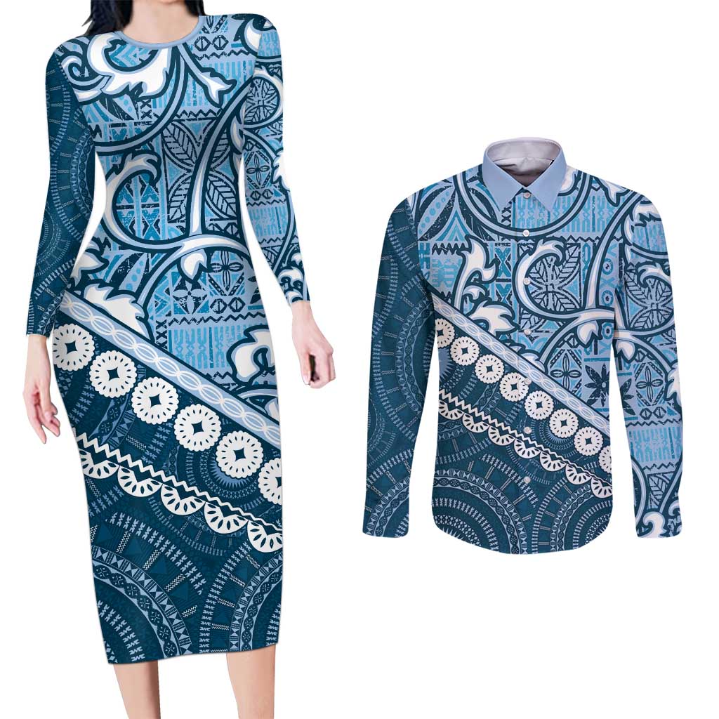 Blue Bula Fiji Couples Matching Long Sleeve Bodycon Dress and Long Sleeve Button Shirt Fijian Language Week Tapa Cloth - Pastel