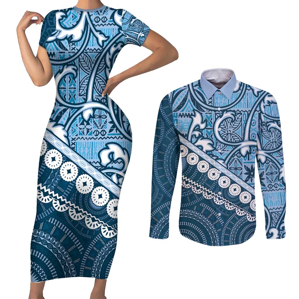 Blue Bula Fiji Couples Matching Short Sleeve Bodycon Dress and Long Sleeve Button Shirt Fijian Language Week Tapa Cloth - Pastel