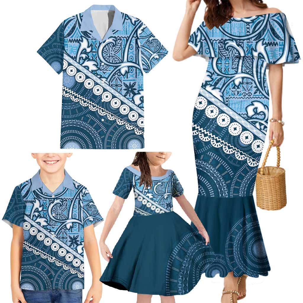 Blue Bula Fiji Family Matching Mermaid Dress and Hawaiian Shirt Fijian Language Week Tapa Cloth - Pastel