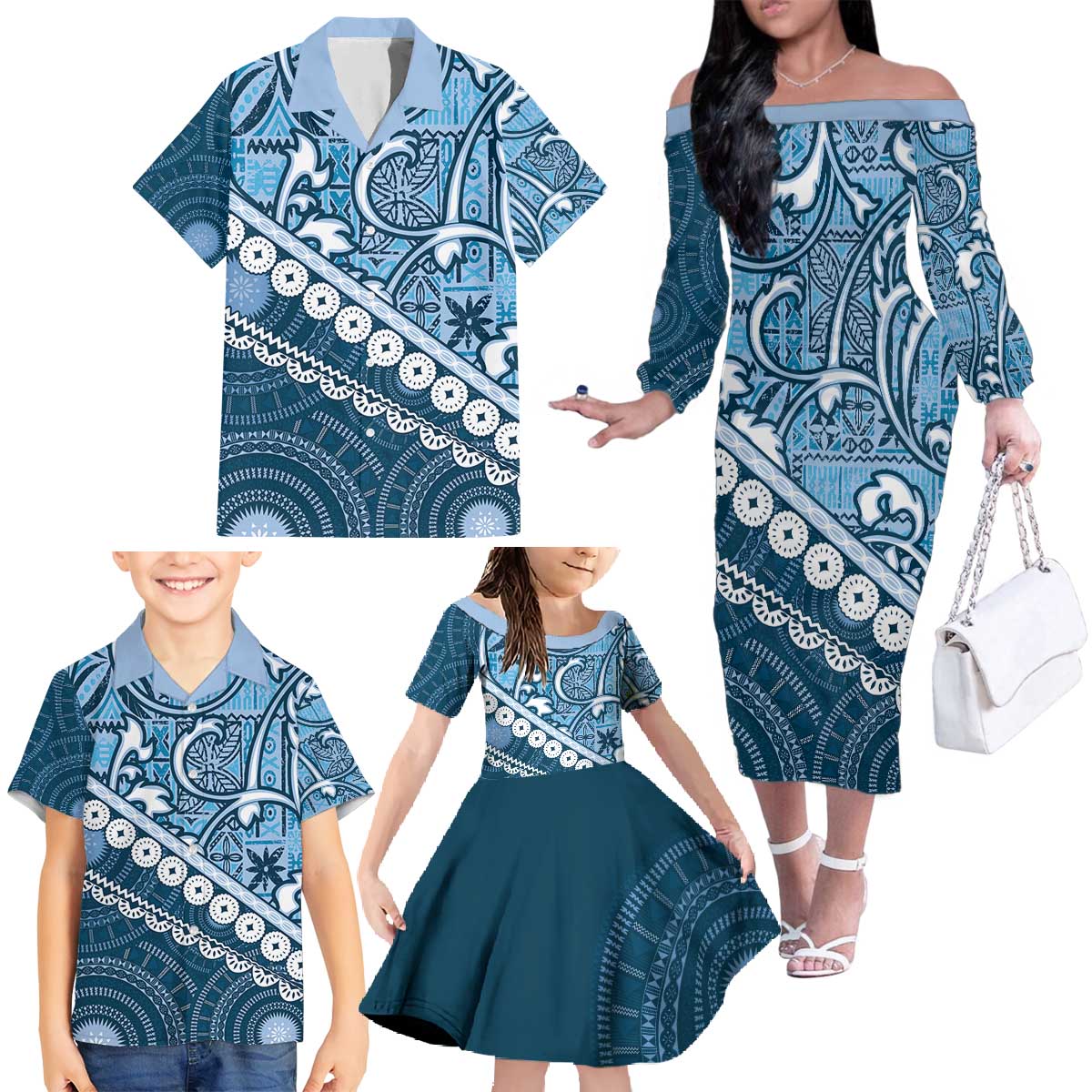 Blue Bula Fiji Family Matching Off The Shoulder Long Sleeve Dress and Hawaiian Shirt Fijian Language Week Tapa Cloth - Pastel