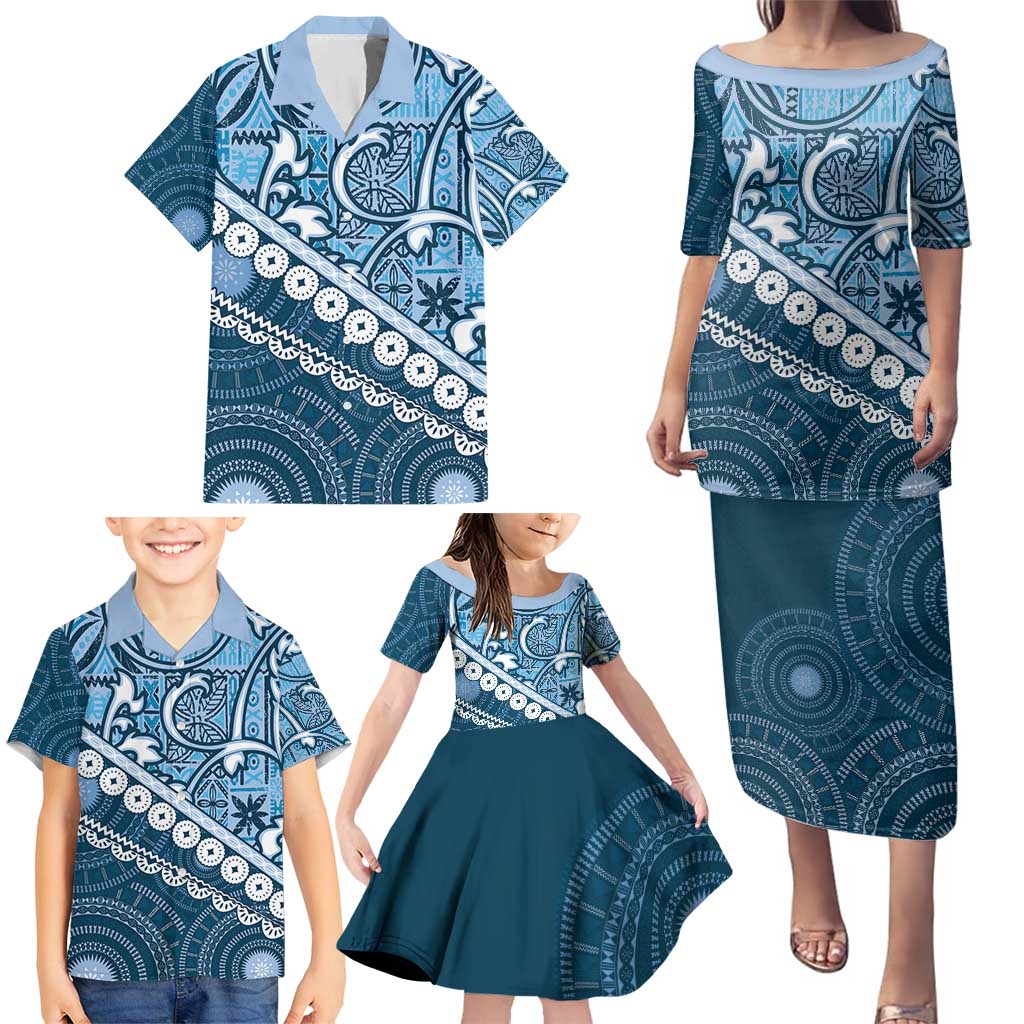 Blue Bula Fiji Family Matching Puletasi and Hawaiian Shirt Fijian Language Week Tapa Cloth - Pastel