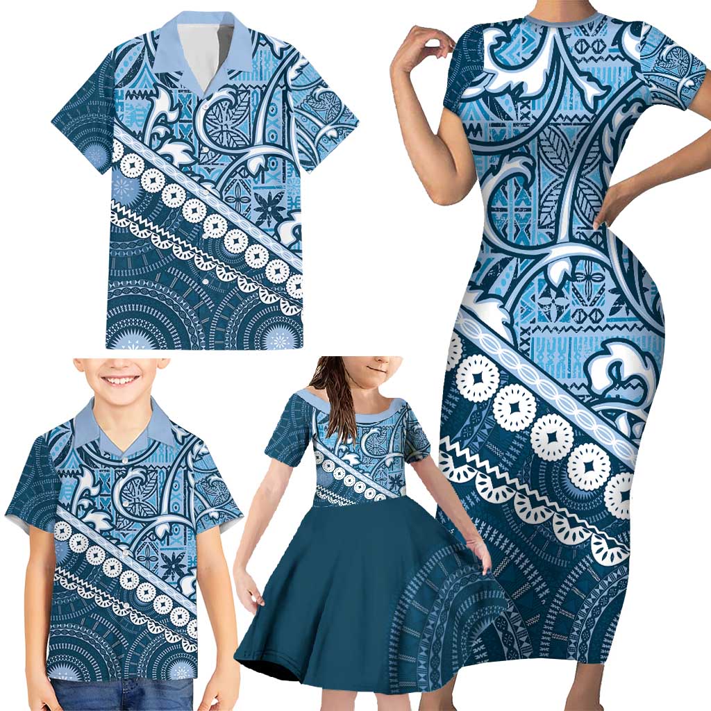 Blue Bula Fiji Family Matching Short Sleeve Bodycon Dress and Hawaiian Shirt Fijian Language Week Tapa Cloth - Pastel