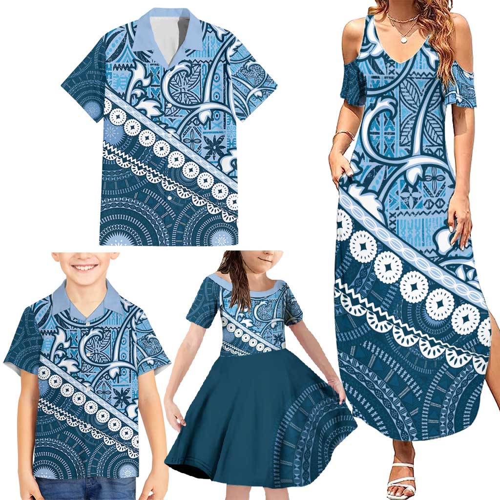 Blue Bula Fiji Family Matching Summer Maxi Dress and Hawaiian Shirt Fijian Language Week Tapa Cloth - Pastel