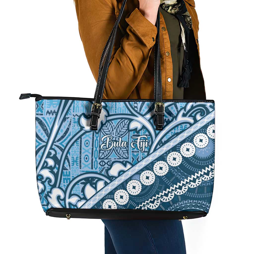 Blue Bula Fiji Leather Tote Bag Fijian Language Week Tapa Cloth - Pastel LT14 - Polynesian Pride