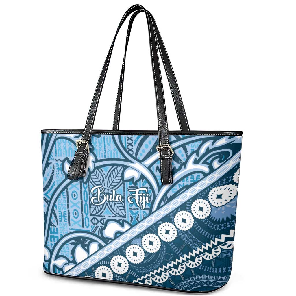 Blue Bula Fiji Leather Tote Bag Fijian Language Week Tapa Cloth - Pastel LT14 - Polynesian Pride