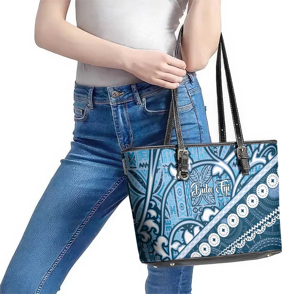 Blue Bula Fiji Leather Tote Bag Fijian Language Week Tapa Cloth - Pastel LT14 - Polynesian Pride