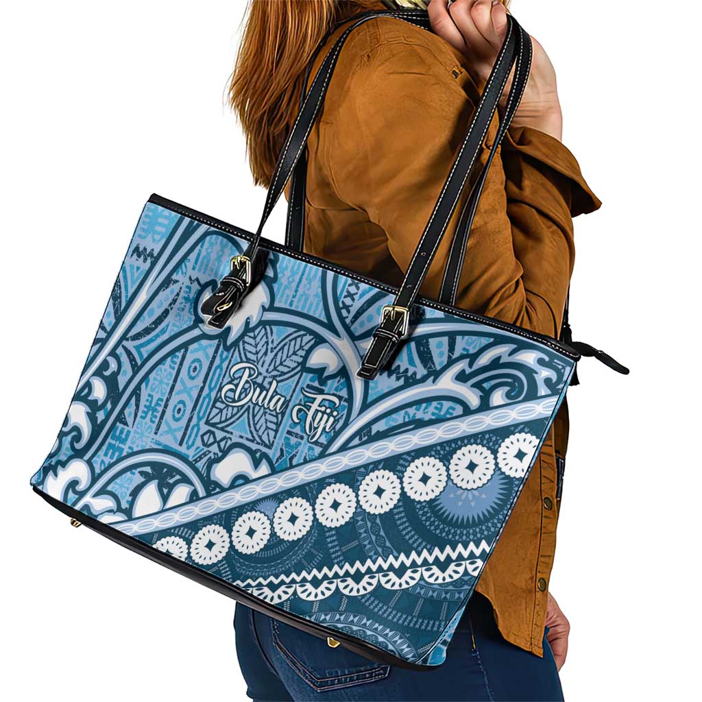 Blue Bula Fiji Leather Tote Bag Fijian Language Week Tapa Cloth - Pastel LT14 - Polynesian Pride