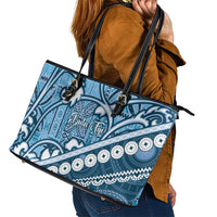 Blue Bula Fiji Leather Tote Bag Fijian Language Week Tapa Cloth - Pastel LT14 - Polynesian Pride