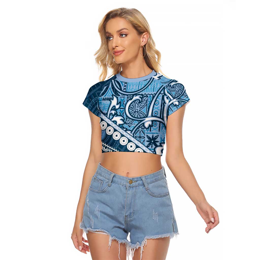 Blue Bula Fiji Raglan Cropped T Shirt Fijian Language Week Tapa Cloth - Pastel LT14 Female Blue - Polynesian Pride