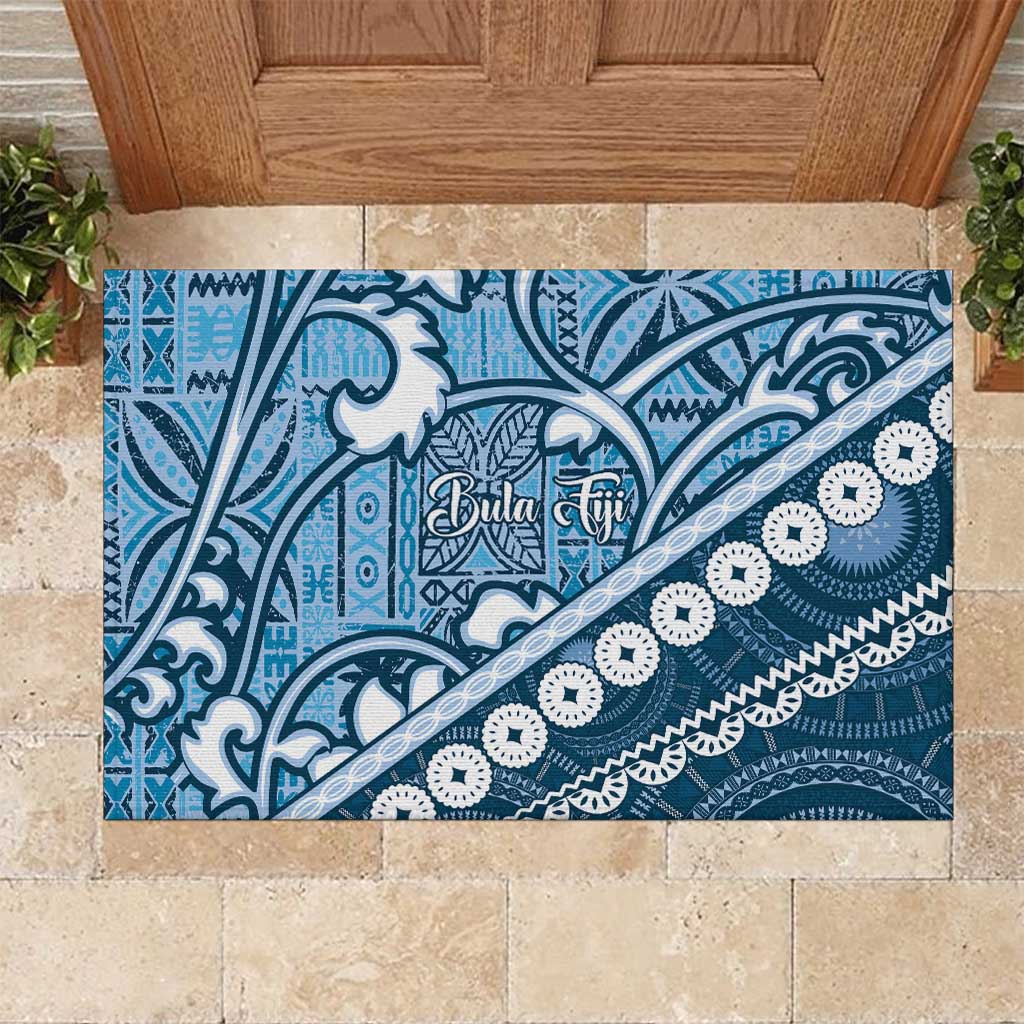 Blue Bula Fiji Rubber Doormat Fijian Language Week Tapa Cloth - Pastel