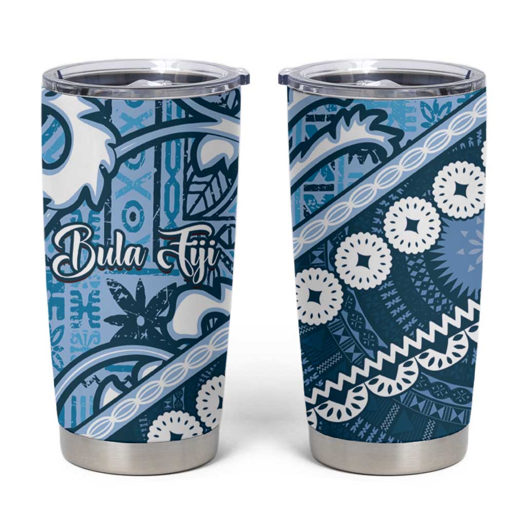 Blue Bula Fiji Tumbler Cup Fijian Language Week Tapa Cloth - Pastel LT14 Blue - Polynesian Pride