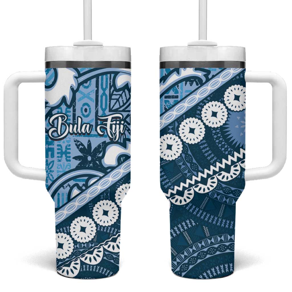 Blue Bula Fiji Tumbler With Handle Fijian Language Week Tapa Cloth - Pastel LT14 One Size: 40 oz Blue - Polynesian Pride