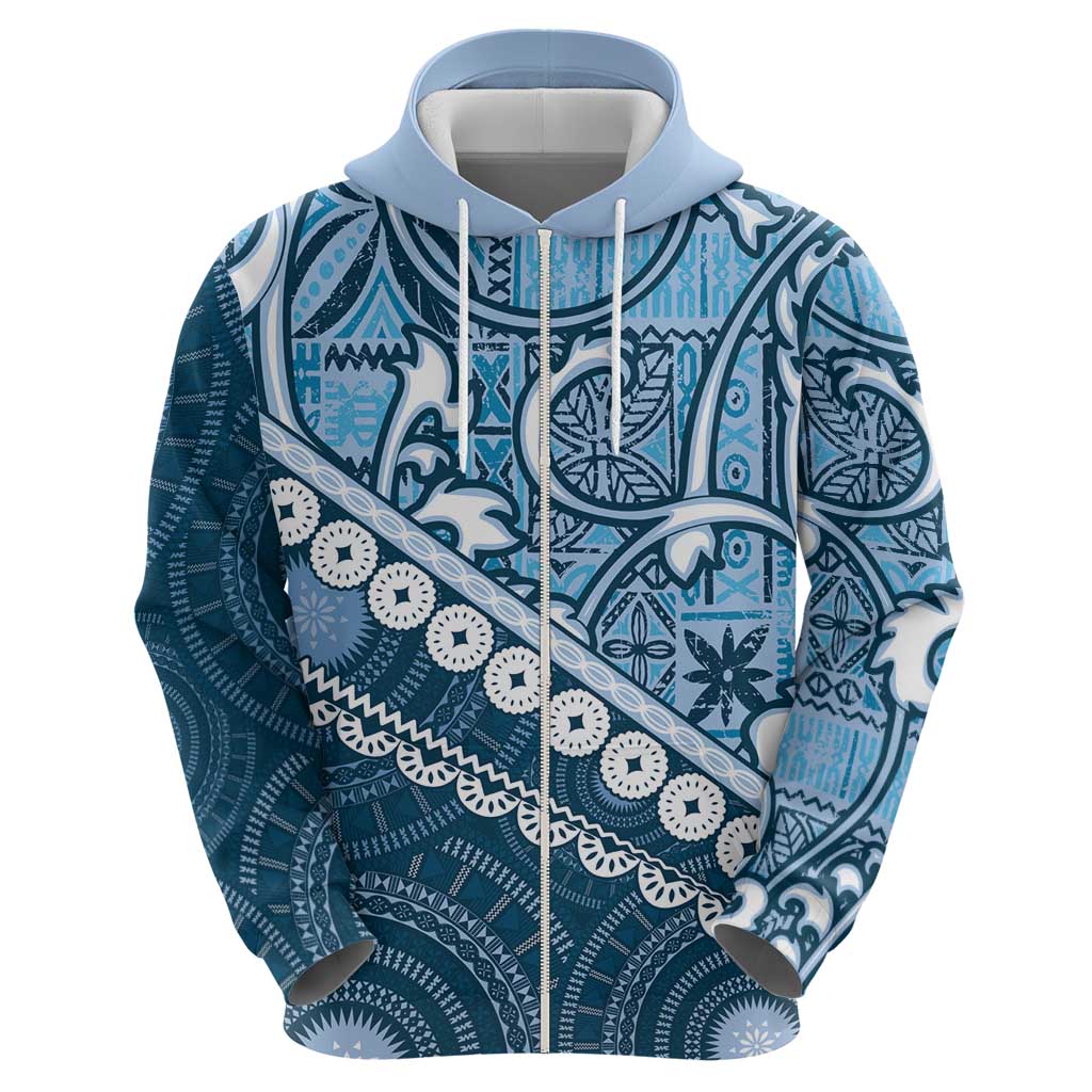 Blue Bula Fiji Zip Hoodie Fijian Language Week Tapa Cloth - Pastel