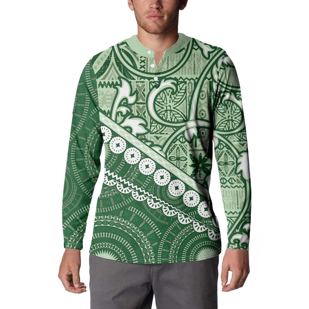Green Bula Fiji Button Sweatshirt Fijian Language Week Tapa Cloth - Pastel LT14 - Polynesian Pride