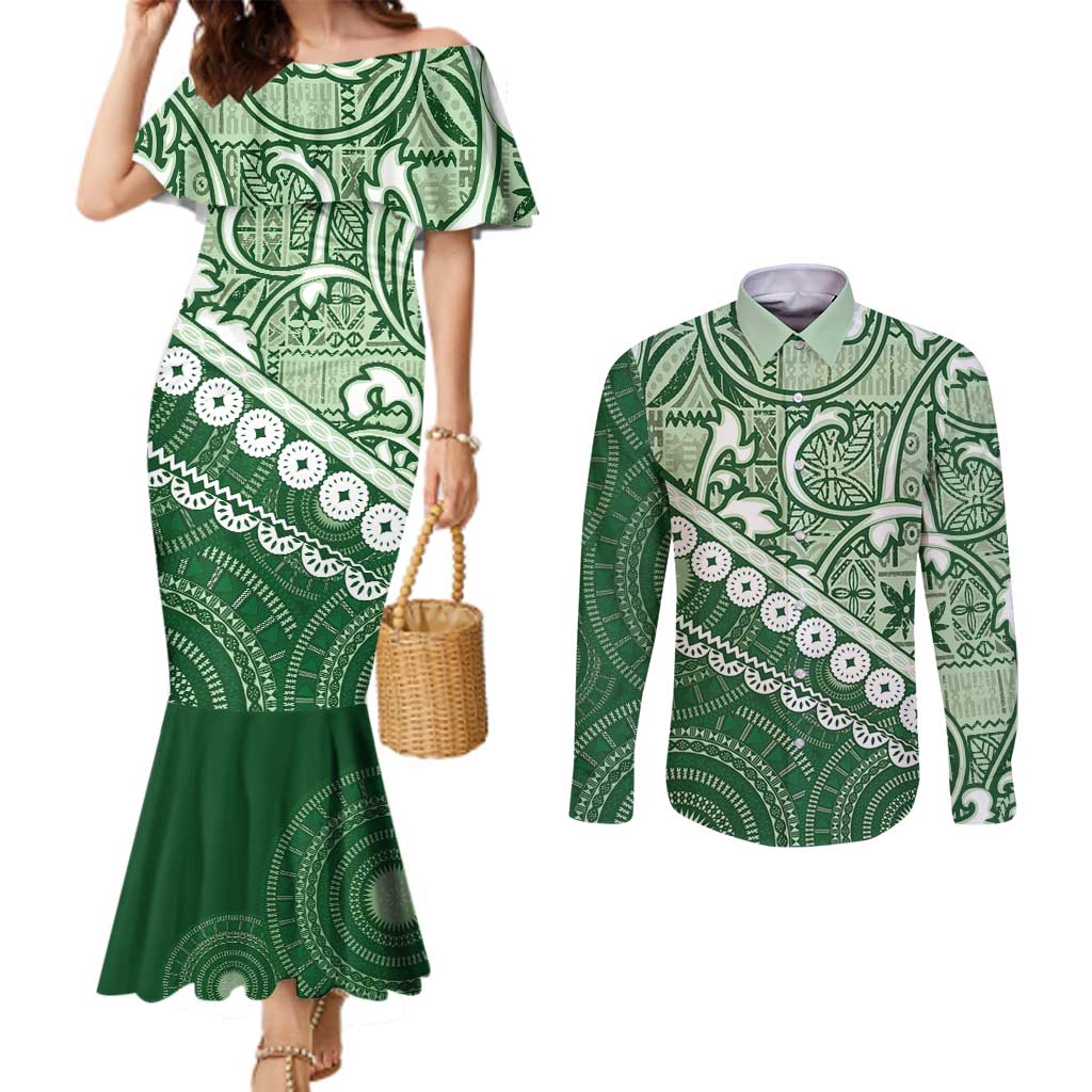 Green Bula Fiji Couples Matching Mermaid Dress and Long Sleeve Button Shirt Fijian Language Week Tapa Cloth - Pastel