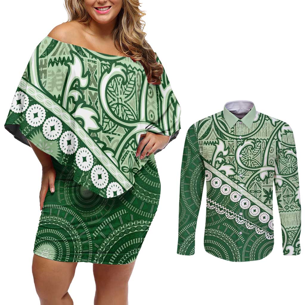 Green Bula Fiji Couples Matching Off Shoulder Short Dress and Long Sleeve Button Shirt Fijian Language Week Tapa Cloth - Pastel