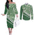 Green Bula Fiji Couples Matching Off The Shoulder Long Sleeve Dress and Long Sleeve Button Shirt Fijian Language Week Tapa Cloth - Pastel