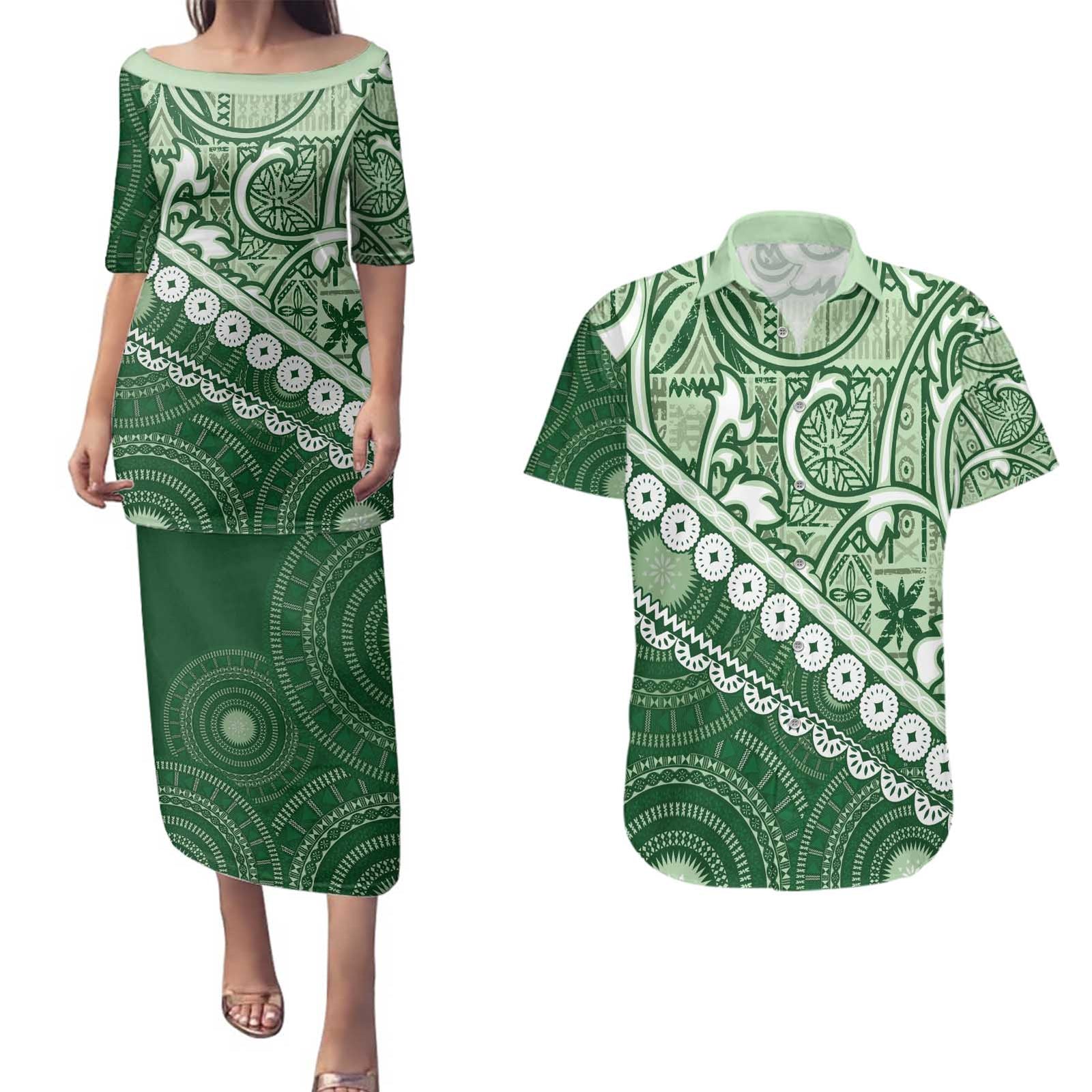 Green Bula Fiji Couples Matching Puletasi and Hawaiian Shirt Fijian Language Week Tapa Cloth - Pastel LT14 Green - Polynesian Pride