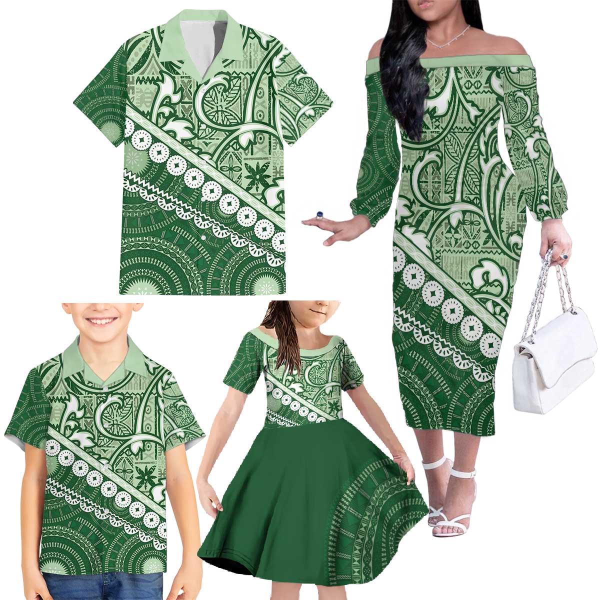 Green Bula Fiji Family Matching Off The Shoulder Long Sleeve Dress and Hawaiian Shirt Fijian Language Week Tapa Cloth - Pastel