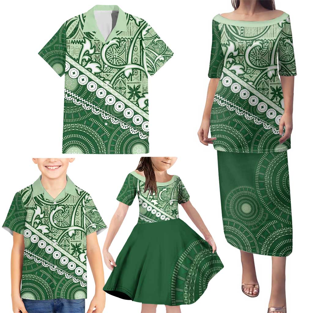 Green Bula Fiji Family Matching Puletasi and Hawaiian Shirt Fijian Language Week Tapa Cloth - Pastel