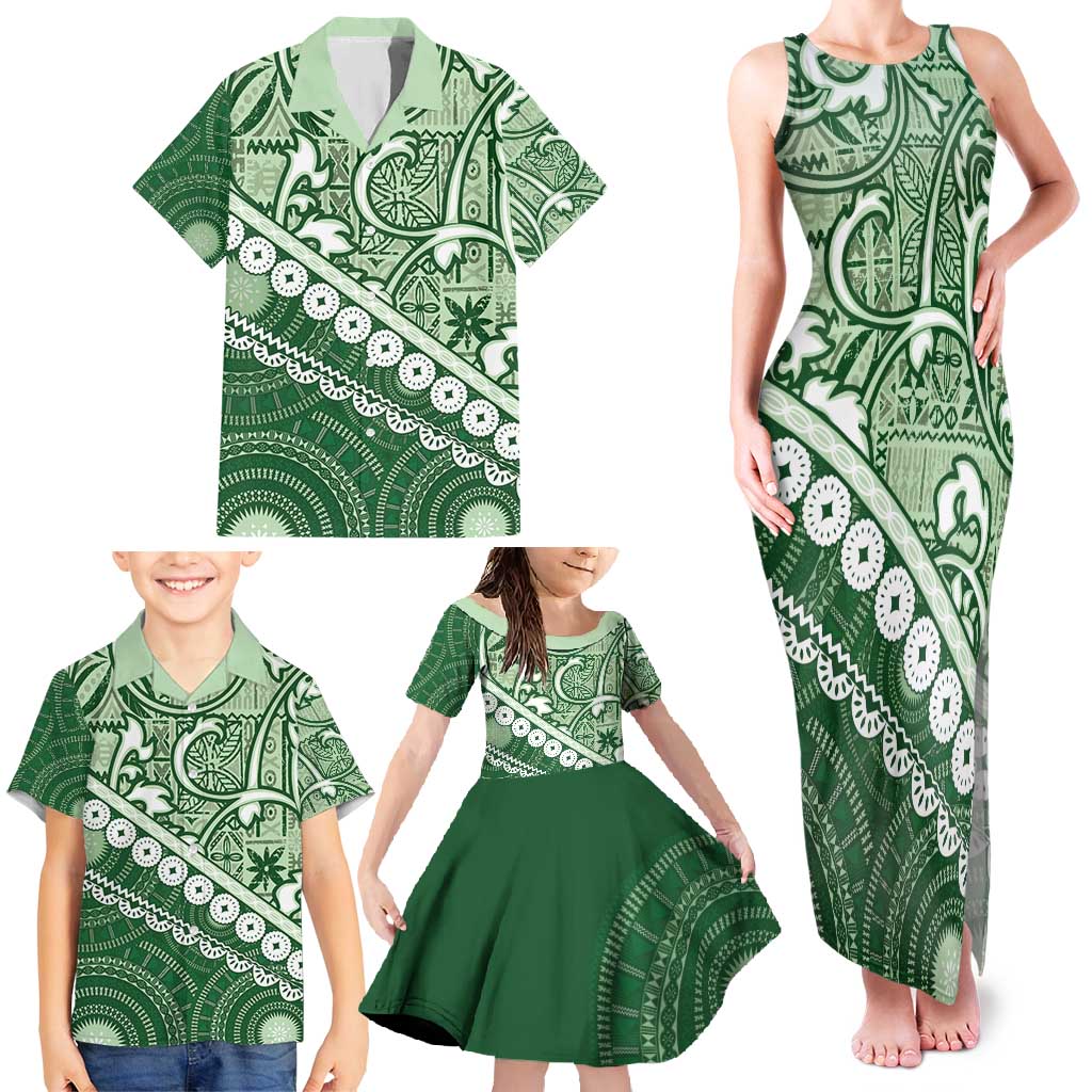 Green Bula Fiji Family Matching Tank Maxi Dress and Hawaiian Shirt Fijian Language Week Tapa Cloth - Pastel