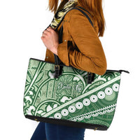 Green Bula Fiji Leather Tote Bag Fijian Language Week Tapa Cloth - Pastel LT14 Green - Polynesian Pride