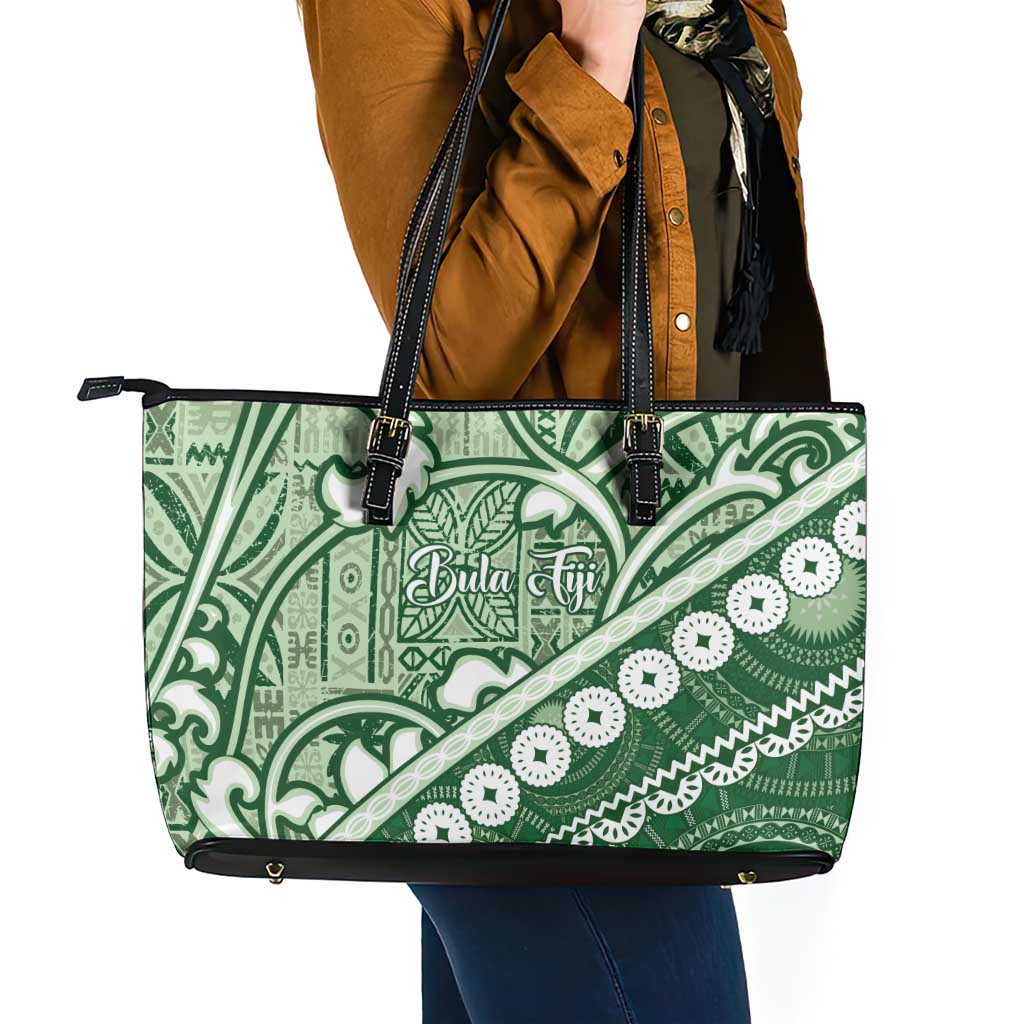 Green Bula Fiji Leather Tote Bag Fijian Language Week Tapa Cloth - Pastel LT14 - Polynesian Pride