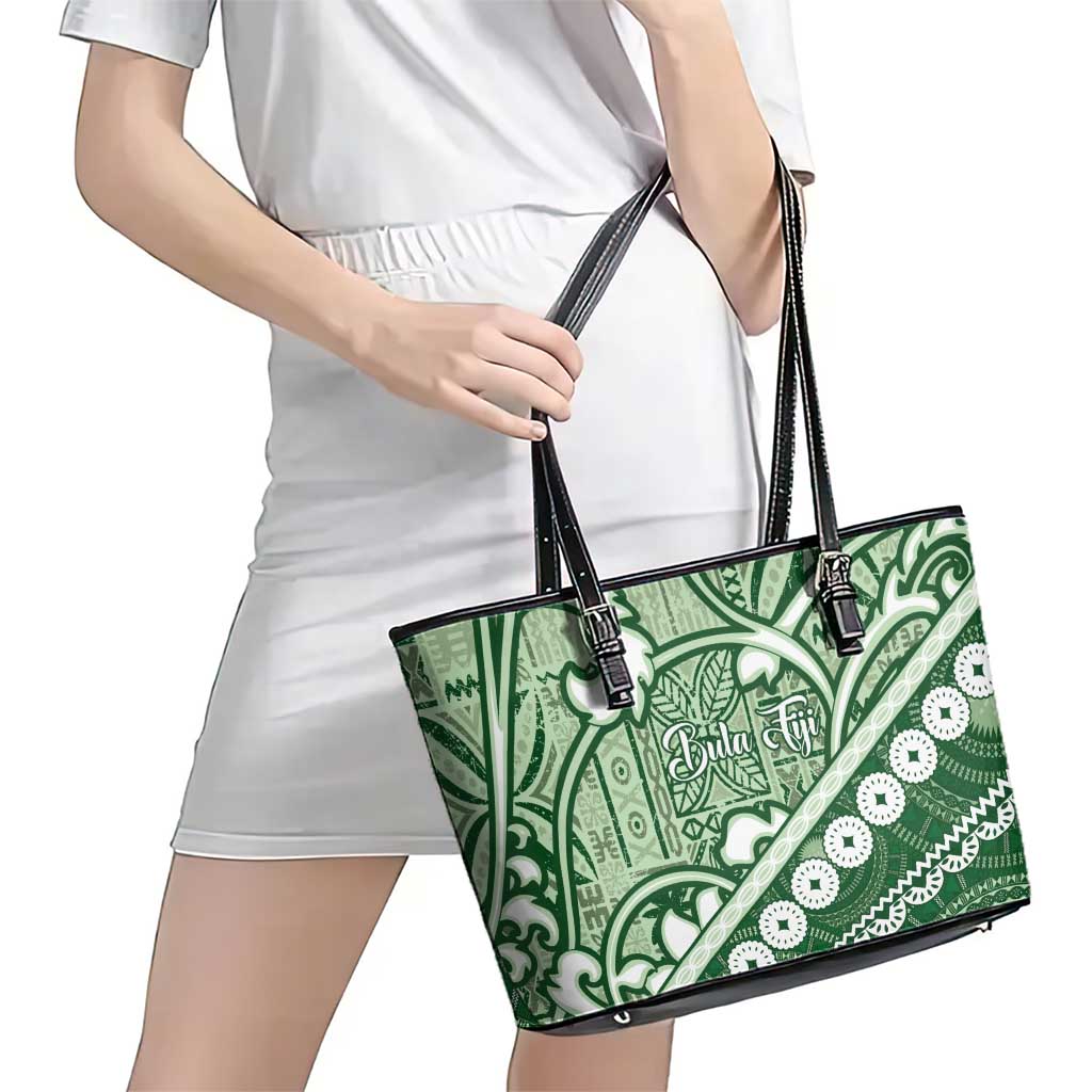 Green Bula Fiji Leather Tote Bag Fijian Language Week Tapa Cloth - Pastel LT14 - Polynesian Pride