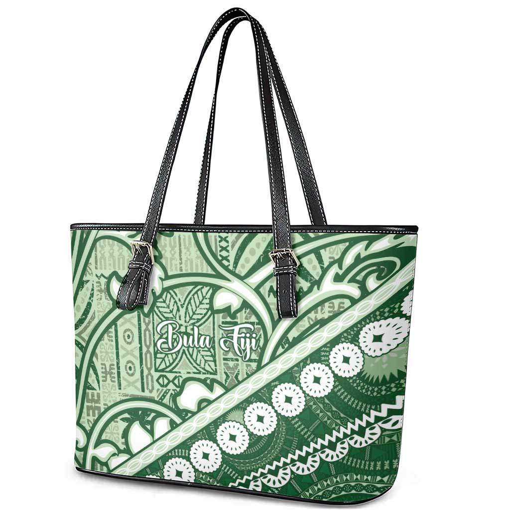 Green Bula Fiji Leather Tote Bag Fijian Language Week Tapa Cloth - Pastel LT14 - Polynesian Pride
