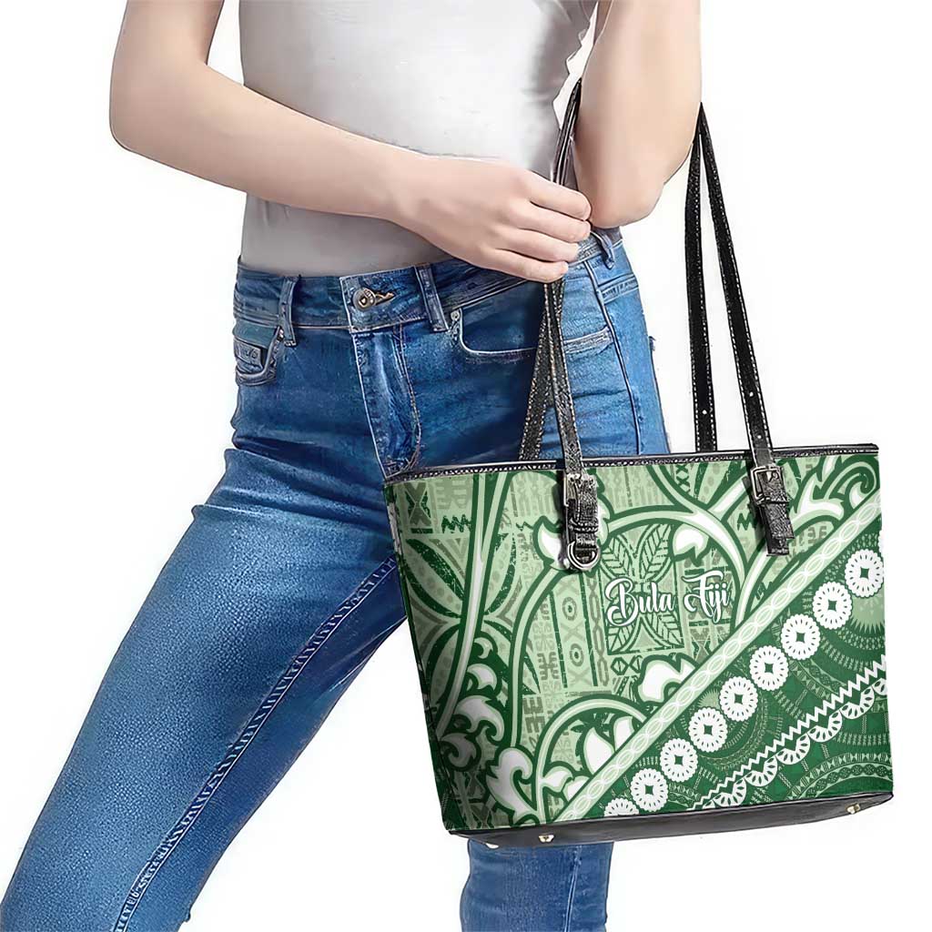 Green Bula Fiji Leather Tote Bag Fijian Language Week Tapa Cloth - Pastel LT14 - Polynesian Pride