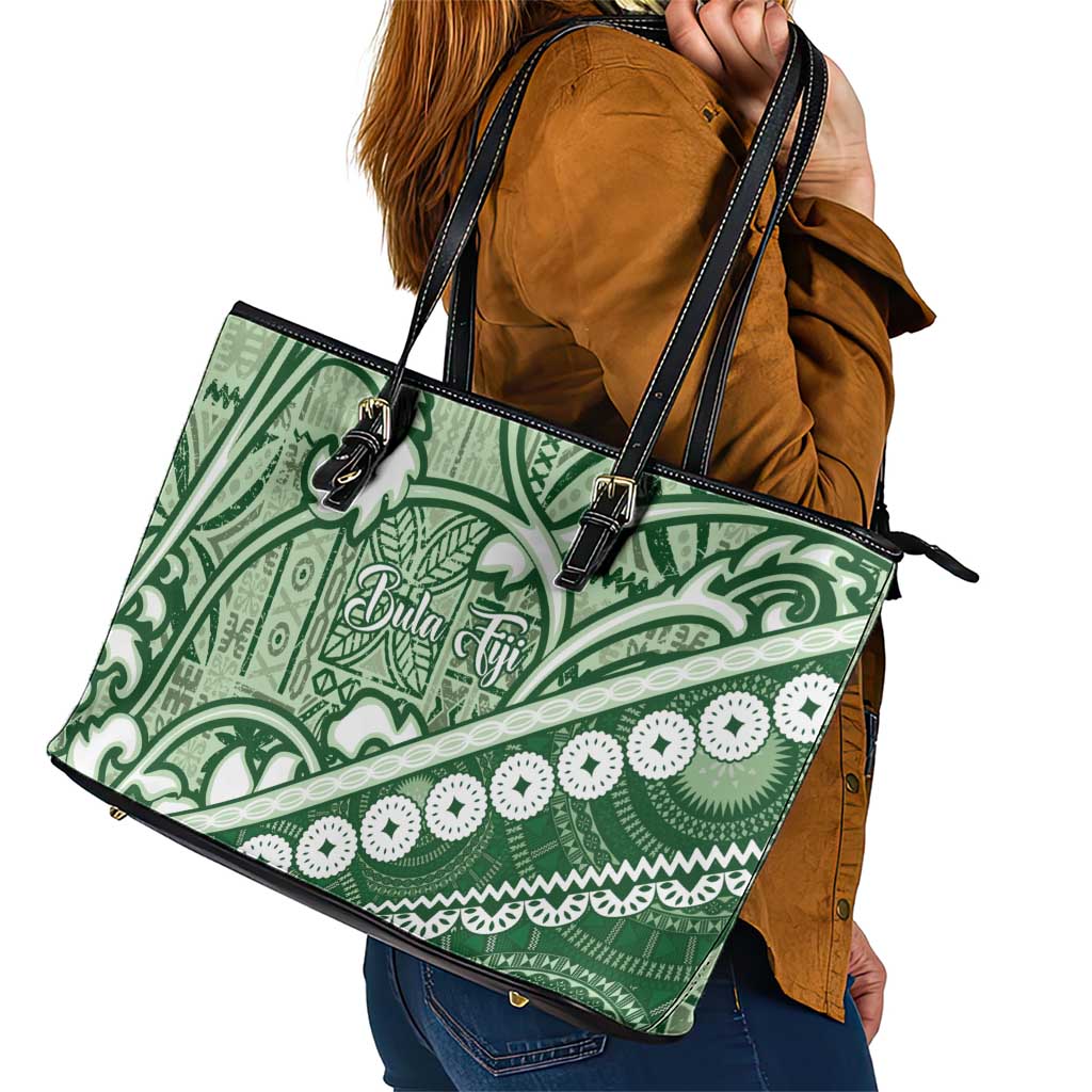 Green Bula Fiji Leather Tote Bag Fijian Language Week Tapa Cloth - Pastel LT14 - Polynesian Pride