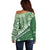 Green Bula Fiji Off Shoulder Sweater Fijian Language Week Tapa Cloth - Pastel