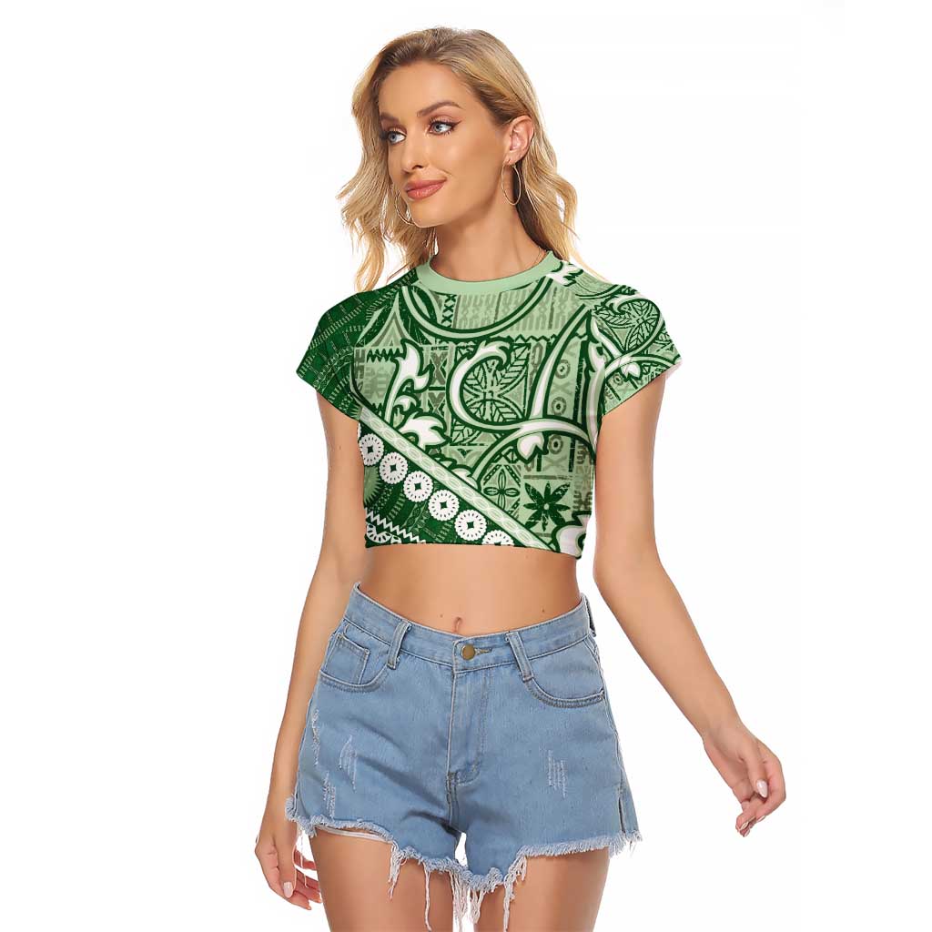 Green Bula Fiji Raglan Cropped T Shirt Fijian Language Week Tapa Cloth - Pastel LT14 Female Green - Polynesian Pride