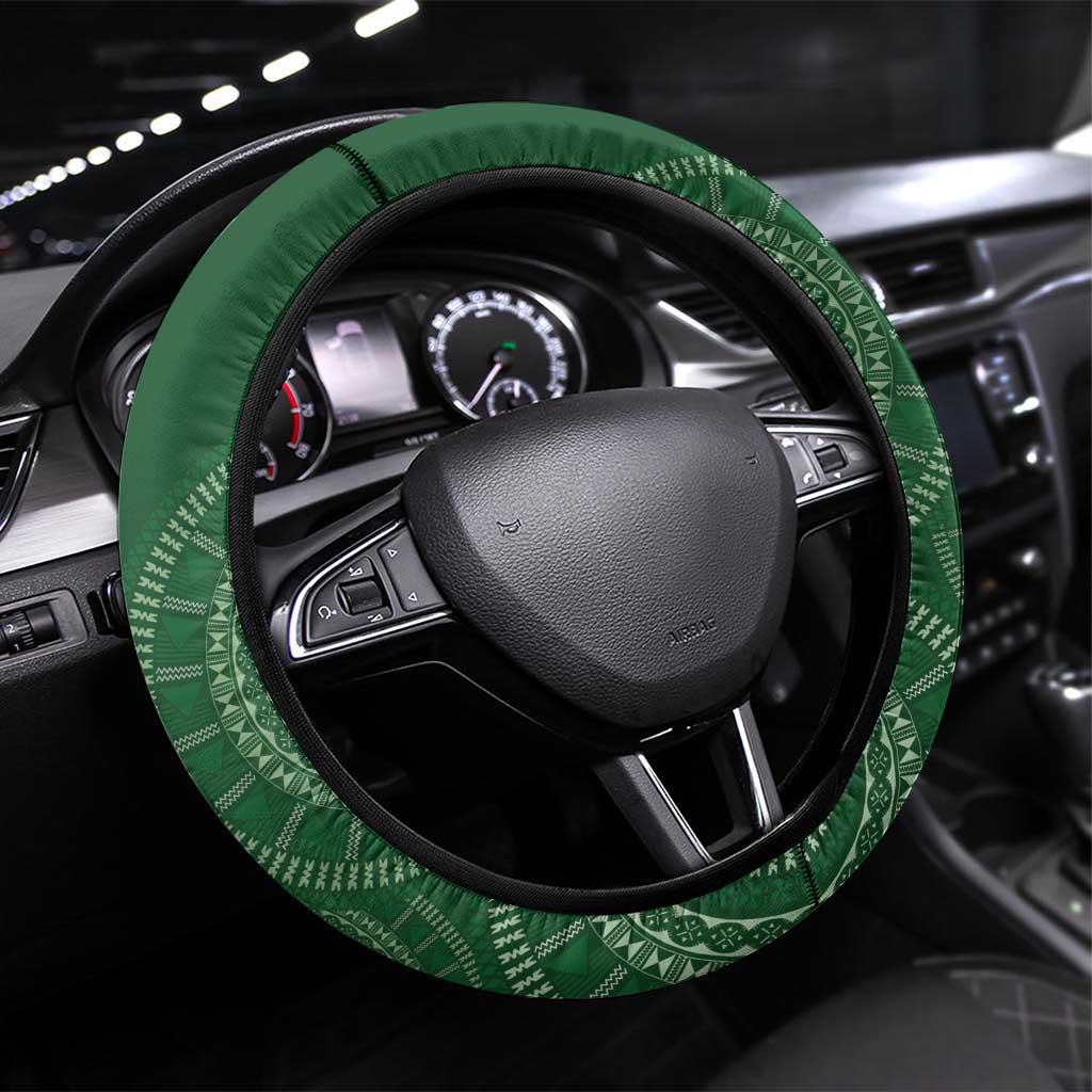Green Bula Fiji Steering Wheel Cover Fijian Language Week Tapa Cloth - Pastel LT14 Universal Fit Green - Polynesian Pride