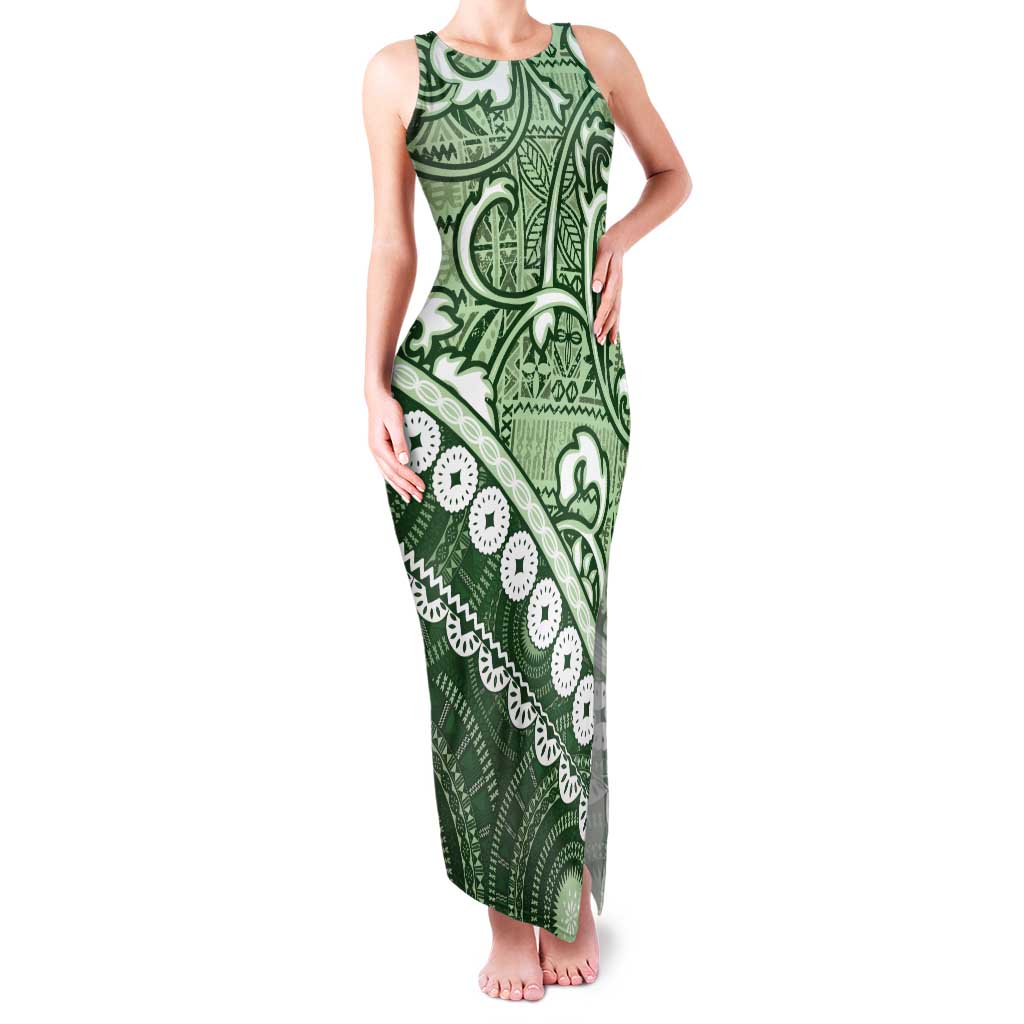 Green Bula Fiji Tank Maxi Dress Fijian Language Week Tapa Cloth - Pastel