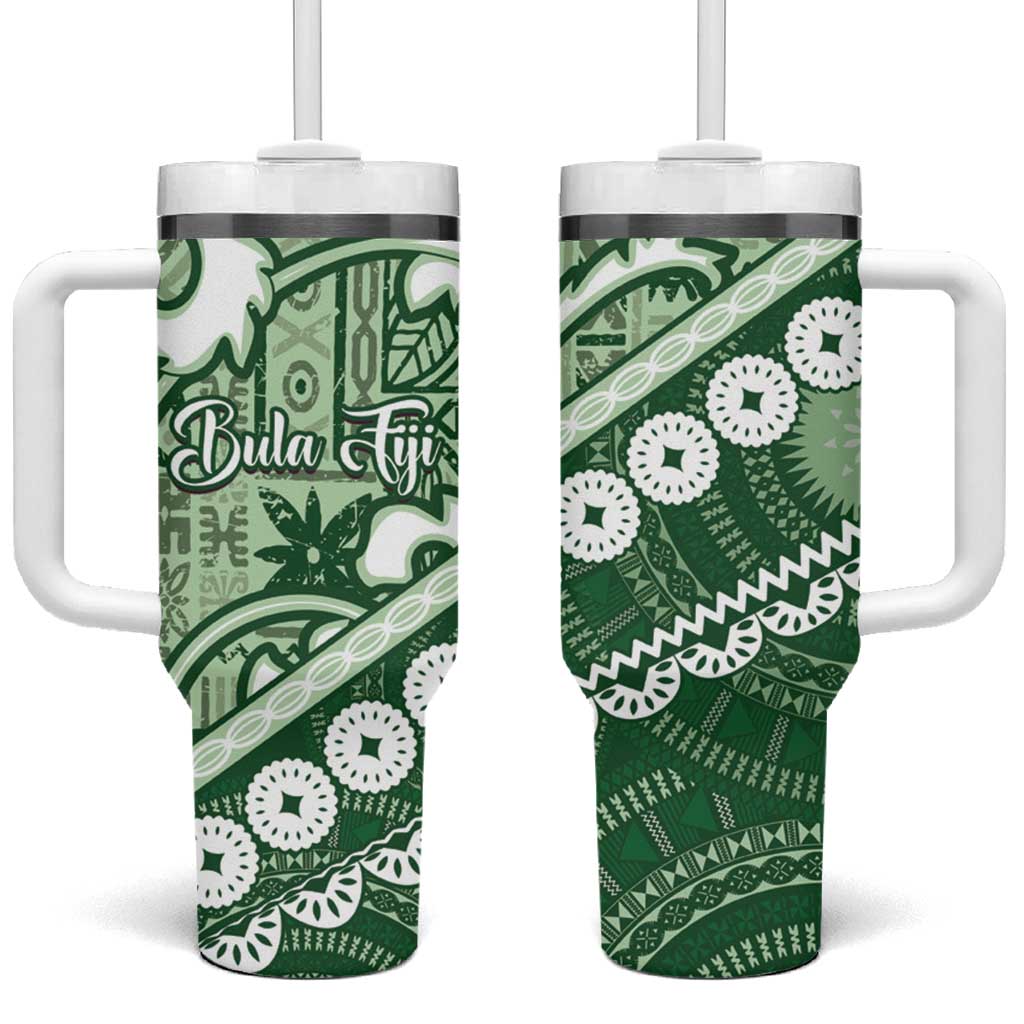 Green Bula Fiji Tumbler With Handle Fijian Language Week Tapa Cloth - Pastel LT14 One Size: 40 oz Green - Polynesian Pride