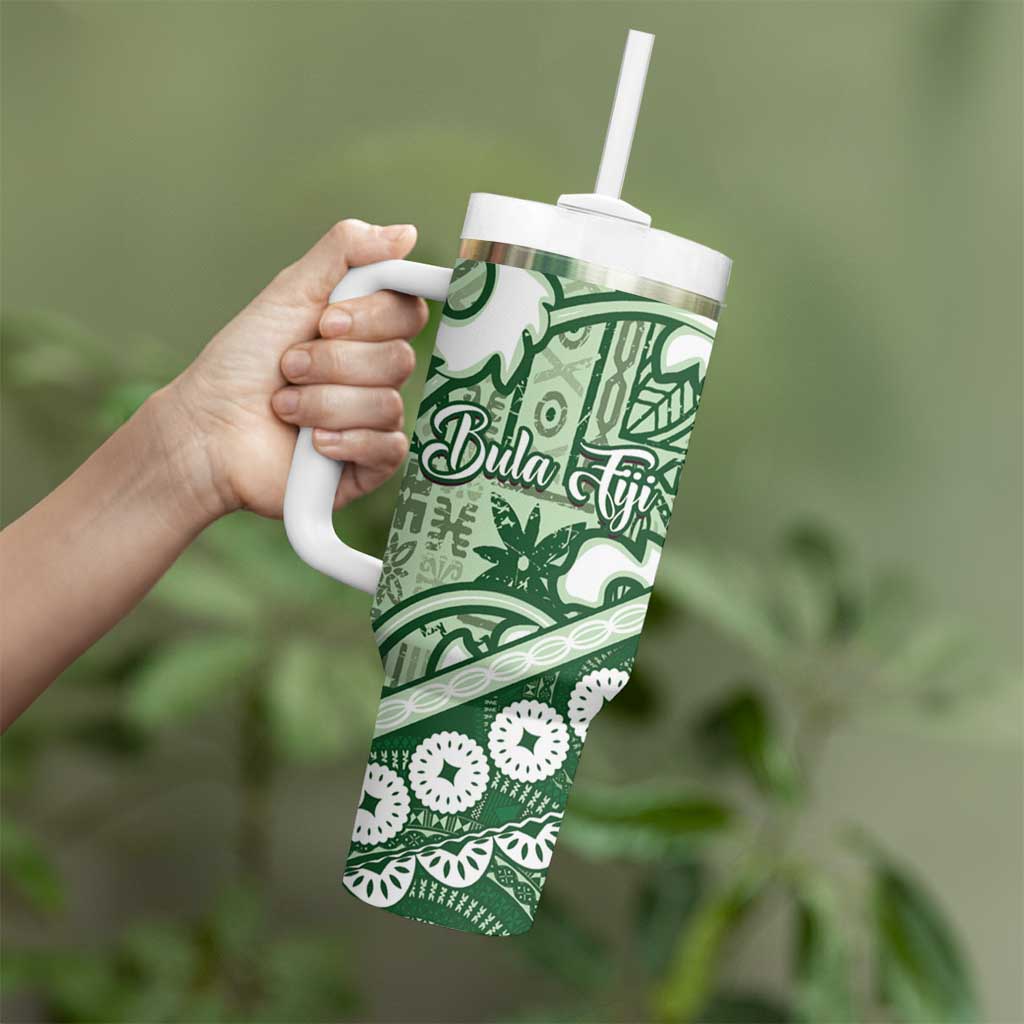 Green Bula Fiji Tumbler With Handle Fijian Language Week Tapa Cloth - Pastel LT14 - Polynesian Pride