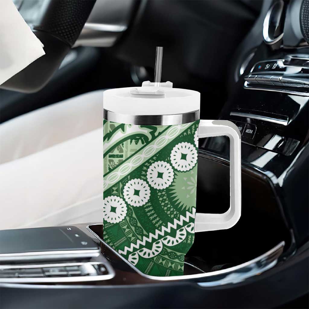 Green Bula Fiji Tumbler With Handle Fijian Language Week Tapa Cloth - Pastel LT14 - Polynesian Pride