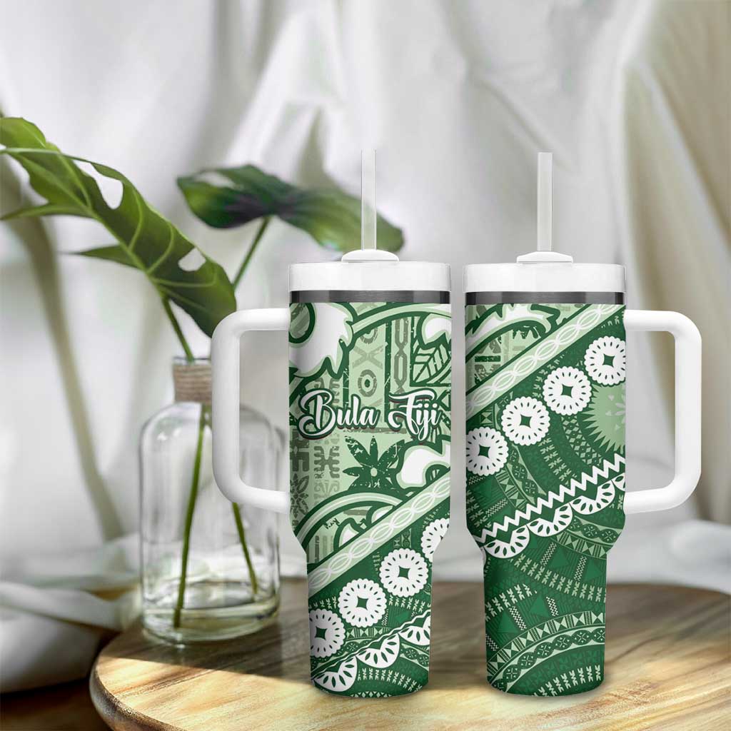 Green Bula Fiji Tumbler With Handle Fijian Language Week Tapa Cloth - Pastel LT14 - Polynesian Pride