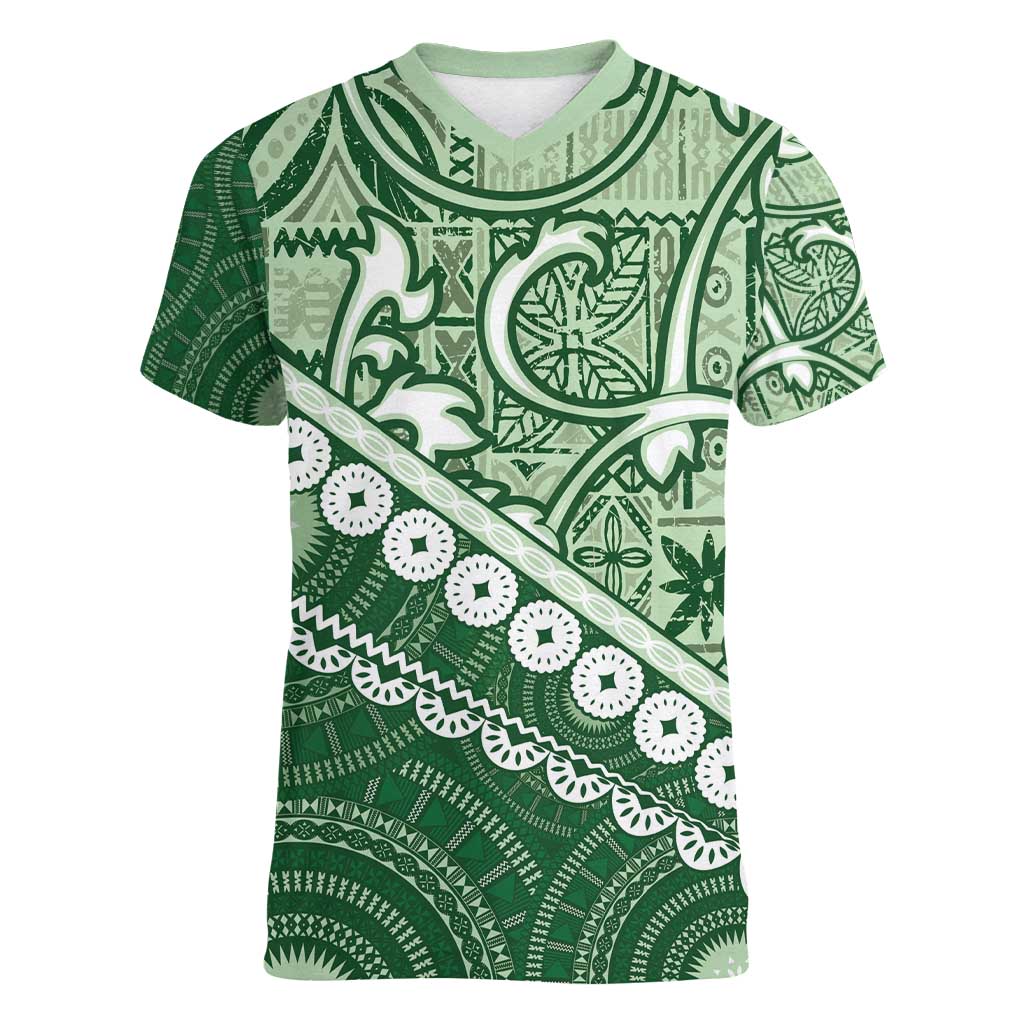 Green Bula Fiji Women V-Neck T-Shirt Fijian Language Week Tapa Cloth - Pastel