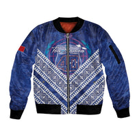 Toa Samoa Rugby Custom Sleeve Zip Bomber Jacket 40th Anniversary Samoan Siapo Pattern LT14 Unisex Blue - Polynesian Pride