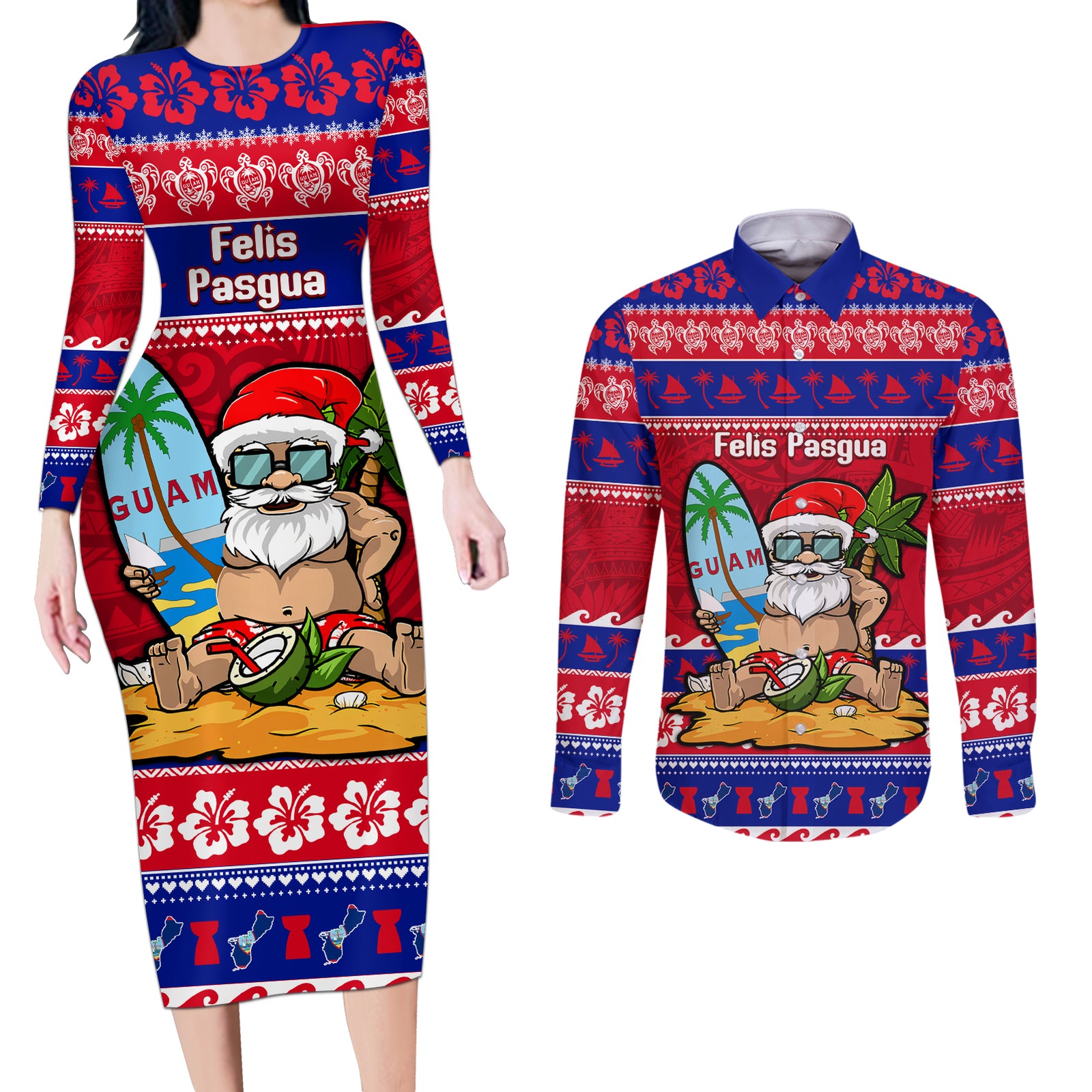 Custom Guam Christmas Couples Matching Long Sleeve Bodycon Dress and Long Sleeve Button Shirt Guaman Santas Felis Pasgua LT14 Blue - Polynesian Pride